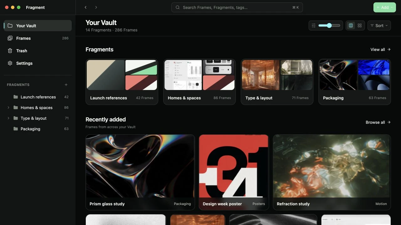 Fragment's Vault view showing visual collections and recently added references