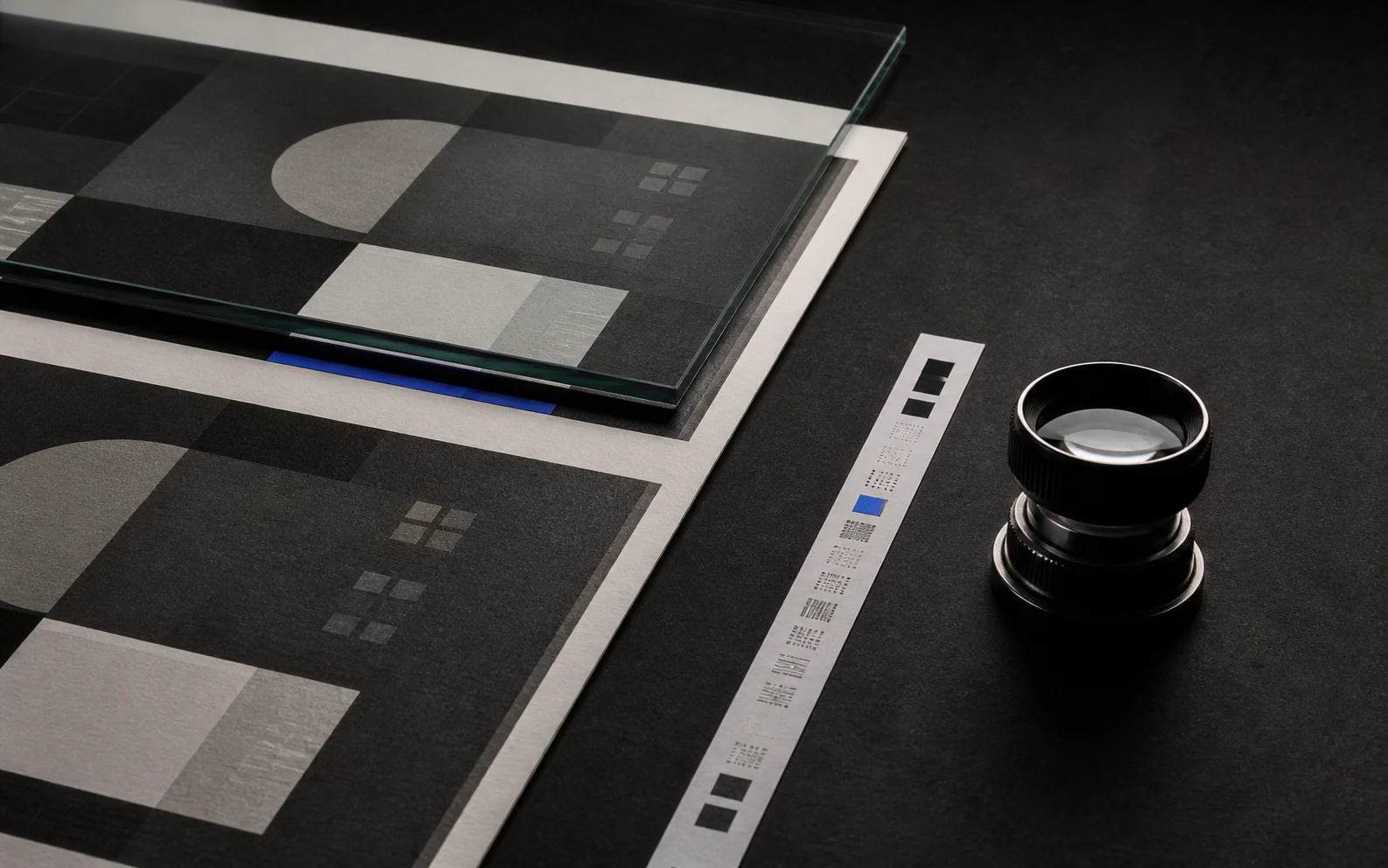 Two aligned print compositions inspected beneath optical glass to reveal a small cobalt difference